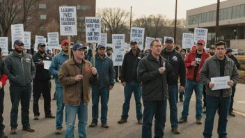 En gruppe arbeidere på streik, protesterer utenfor en fabrikk eller kontorbygning.