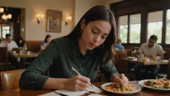 En person som skriver en restaurananmeldelse i en notatbok mens de sitter ved et bord på en restaurant.