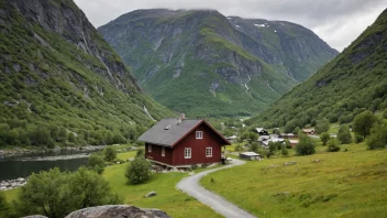 Et naturskjønt bilde av Jølsterdalen i Norge, med et tradisjonelt norsk hus i forgrunnen og en person som snakker lokal dialekt.