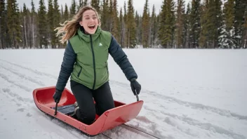 En person som nyter en morsom vinteraktivitet, trekker en kjelke gjennom snøen.