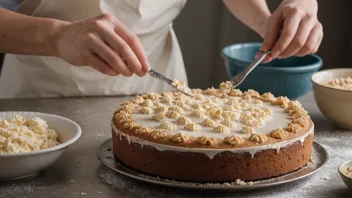 En person baker en kake med en bolle fyllingsmasse i forgrunnen.