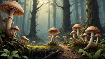 Psilocybe-sopper som vokser i en skog, med en blanding av grønne og brune nyanser.