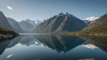 Et majestetisk høifjell i Norge med snødekte topper og en fredelig innsjø i forgrunnen.