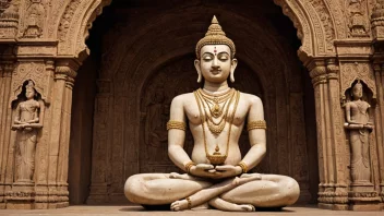 Et fredelig bilde av et jain-tempel eller en statue av Mahavira, som symboliserer prinsippene om non-vold og selvkontroll.