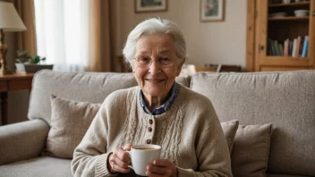 En eldre norsk kvinne som nyter et stille øyeblikk hjemme.