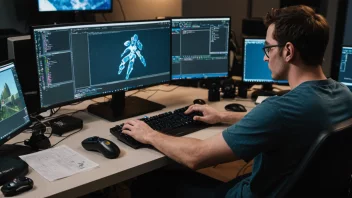 En person som sitter foran en datamaskin med et spillutviklingsprogram åpent på skjermen, omgitt av spillrelaterte gjenstander