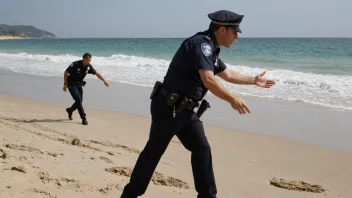 En person forstyrrer freden på en strand, med en politibetjent i bakgrunnen.