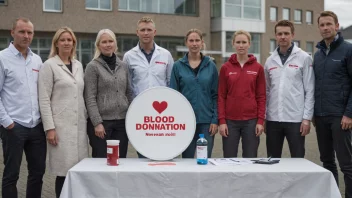 En gruppe mennesker samlet rundt et bord med et skilt som leser 'Bloddonasjon' på norsk, med et sykehus eller medisinsk fasilitet i bakgrunnen.