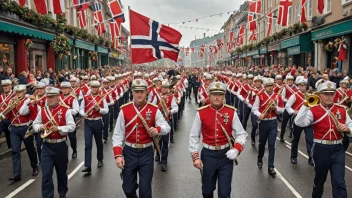 En tradisjonell norsk marsjorkester i uniform, med instrumenter og flagg.