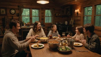 En familie på fire som sitter rundt et bord i en hytte, smiler og ler sammen.