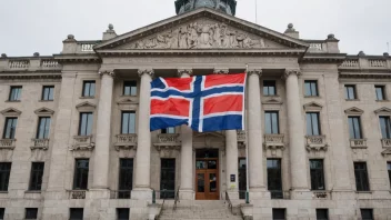 Et rådhus eller kommunehus med norsk flagg, som representerer administrasjonssenteret i en by eller kommune i Norge.