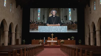 En kirke med en stor skjerm som viser en bibelsk tekst