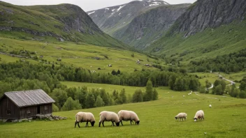 En tradisjonell norsk fjellgård med en liten hytte og noen får som beiter i åsene rundt.