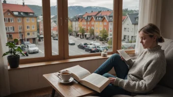 En person som nyter et stille øyeblikk med en bok og kaffe i en koselig stue.