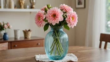 Et vakkert dekorasjonsglass på et bord med blomster og andre dekorasjoner rundt det.