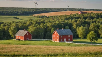 Et idyllisk landskap med en rød gård og en vindmølle i bakgrunnen.