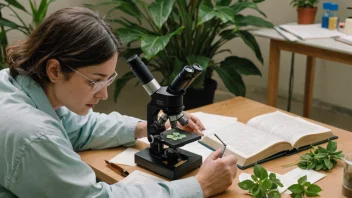 En biolog som studerer en plante for å klassifisere den.