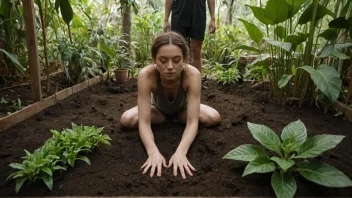 En person med en naturlig og jordaktig tilstedeværelse, omgitt av frodige grønne planter og jord.