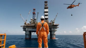 En oljeplattformarbeider i en lys orange jumpsuit, stående på en oljeplattform i havet.