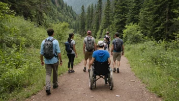 En gruppe mennesker på en tur i naturen, hvor de deltar på en rehabiliteringstur.