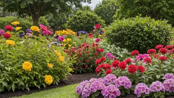 En vakker hageseng med en blanding av blomster og et lite tre