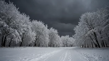 Et vinterlandskap med snødekte trær og en mørk himmel