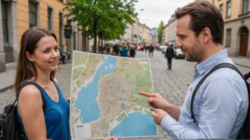 En person som holder et kart over Oslo, med en vennlig guide som står ved siden av dem og peker ut forskjellige steder.