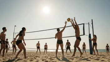 En morsom og actionfylt bilde av mennesker som spiller strandvolley