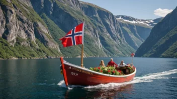 En fargerik båt i et fredelig fjordlandskap.