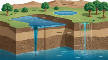 En illustrasjon av en grunnvannressurs, som viser de forskjellige lagene i jorden og vannstanden.