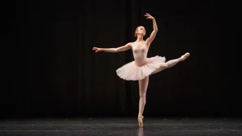 En ballerina i en tutu, danser på en stor scene med en dramatisk bakgrunn.