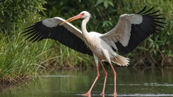 En stork som står i et våtmarksområde, med langt nebb og ben, på utkikk etter mat.