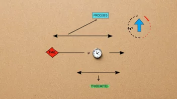 En illustrasjon av en reverserbar prosess, med piler som indikerer prosessens retning og et ur i bakgrunnen for å representere tid.