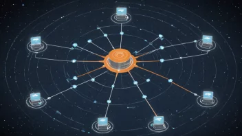 En illustrasjon av et sentralisert system med en stor sentral enhet og mindre lokale enheter koblet til den.