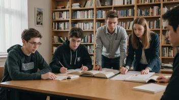 En gruppe studenter samlet rundt et bord, med en stor bokhylle i bakgrunnen.