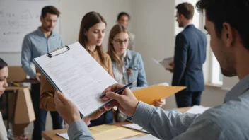 En person som holder en samling av forslag, med en gruppe mennesker i bakgrunnen som diskuterer og brainstromer.