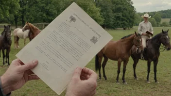 En person som holder et dokument med en hest i bakgrunnen