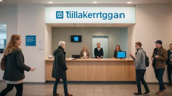 En illustrasjon av en bank eller finansinstitusjon med en skilt som sier 'Tilbakebetalingsorgan' på norsk.