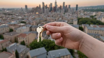 En person som holder en nøkkel til et hus, med en by eller landskap i bakgrunnen.