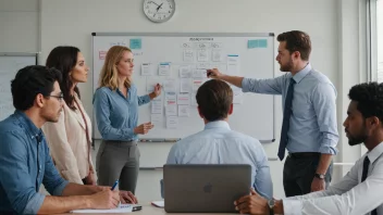 En gruppe mennesker som jobber sammen på et kontor, med en whiteboard i bakgrunnen som viser en organisasjonskart.