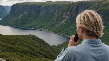 En person som står på en ås og roper etter noen i det fjerne, med en vakker norsk fjord i bakgrunnen.