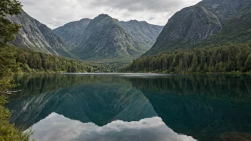 En fredelig innsjø i Norge med fjell og trær i bakgrunnen