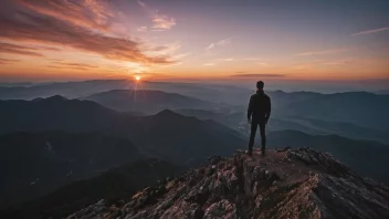 En person som står alene på en fjelltopp, ser ut på en vakker solnedgang.