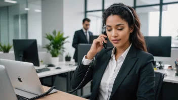 En person som holder en VoIP-telefon i et moderne kontor med en datamaskin og hodetelefon i bakgrunnen