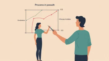 En person måler utfallet av en prosess ved hjelp av en resultatvariabel, med en bakgrunn av grafer og diagrammer.