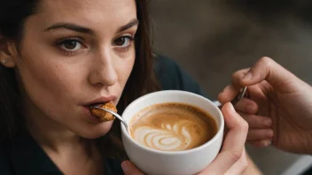 En person som drikker en kopp kaffe eller spiser en snack