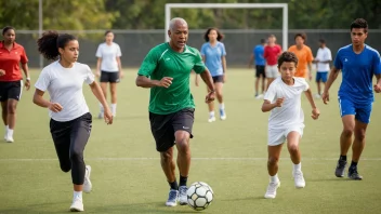 En gruppe mennesker fra ulike aldersgrupper og bakgrunner som deltar i forskjellige sportsaktiviteter, som fotball, basketball og tennis, på et stadion eller sportsbane.