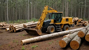 En skog med trær som høstes for tømmer, med fokus på skogbruksutstyret og tømmeret som transporteres bort.