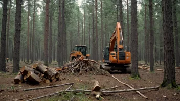 En skog med trær som høstes, med fokus på prosessen med å kutte og samle inn trærne.