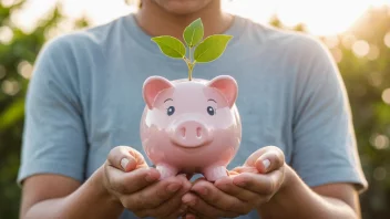 En person som holder en sparegris med en voksende plante i bakgrunnen.